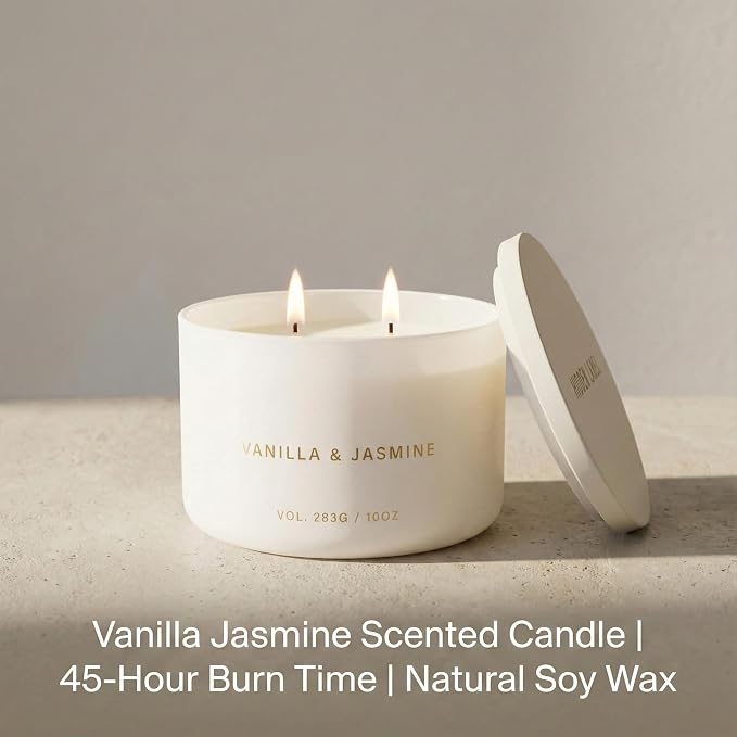 Hidden Label Vanilla Jasmine Soy Candle, 10oz 2-Wick, 45H Clean Burn | Relaxing Aromatherapy | Sweet Warm Floral Layers | Even Melt, No Tunneling | Non-Toxic Phthalate-Free | Gift Boxed Minimalist