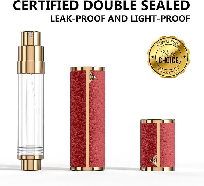 8ML Travel Perfume Refillable Atomizer, Mini Genuine Leather Cologne Sprayer, Protable Pocket Size Empty Fragrance Spray Bottle (Red)