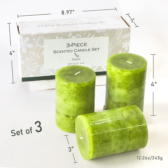 Green Pillar Candles Set of 3 Sage Scented Long Burning Candles 3x4 inch Aromatherapy Clean Burn Dripless Candle for Dinner Table,Weddings, Holidays Home Decorations