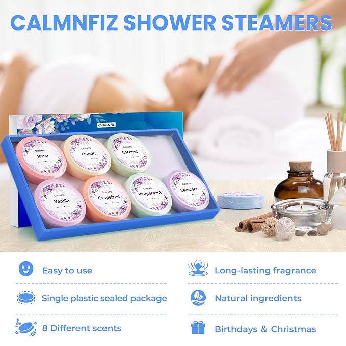 Shower Steamers 8 Pack Set Shower Bombs Tablets in Blue Box with 8 Fragrances with Shea Butter for Self-Care & Relaxation, Idea for Mothers Day Women and Men