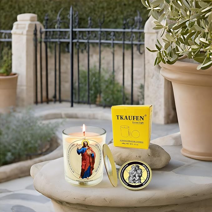 Sacred Heart Jesus Frankincense Lavender Scented Candle 50 Hours with Warmer Ring│Hand-Poured Soy Wax│Family Protection, Success, Redemption, Healing, Forgiveness│Design in Paris│3“×3.6”