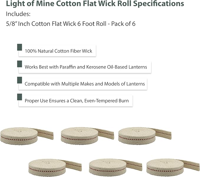 Light of Mine - 5/8" Inch 6' Foot, 100% Cotton Flat Wick - 6 Pack, for Paraffin Oil, Kerosene Based Lanterns, and Oil Lamps with Genuine Red Stitch (5/8" - 6' Roll, 6 Pack)