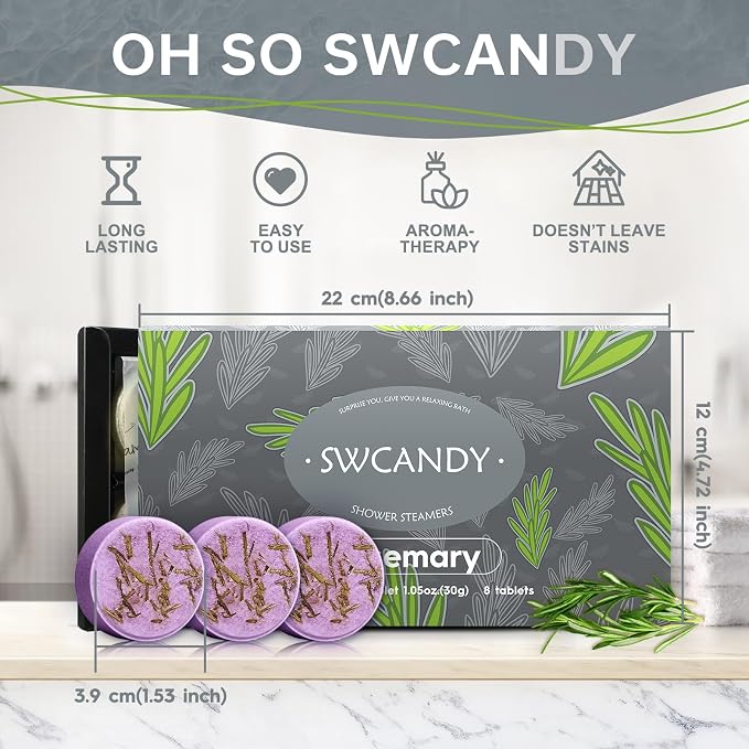 SWCANDY Shower Steamers Aromatherapy Birthday Gifts for Women Travel Essentials, 8 Pcs Rosemary, Bath Bombs Shower Bombs with Natural Essential Oils, Relaxation Home SPA
