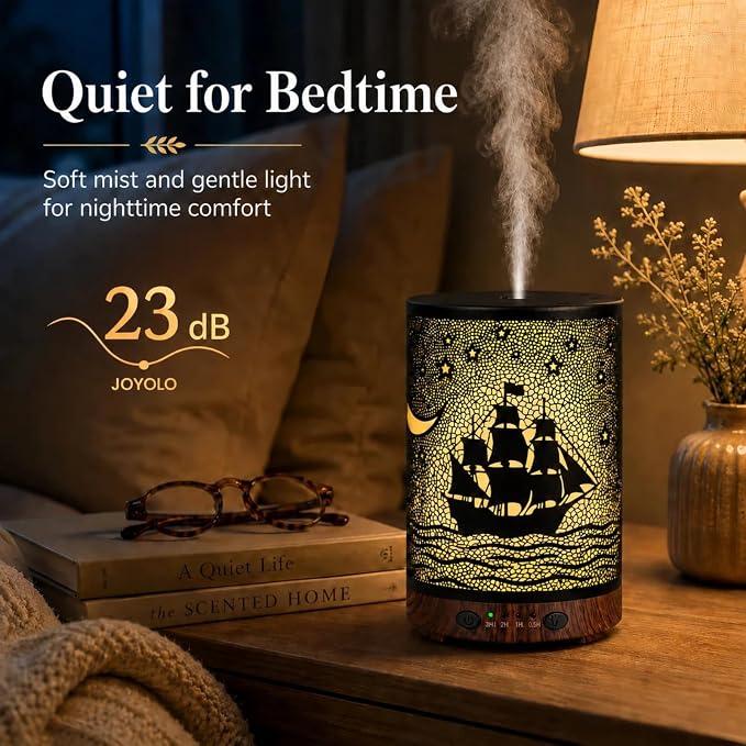 Essential Oil Diffuser 120ML Metal Aromatherapy Diffuser with Timer, Cool Mist Humidifier with Auto Shut-Off & 7 Color Lights for Home Office Spa (Sailing Ship)