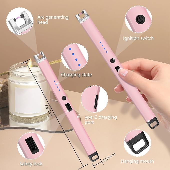 Electric Lighter, Rechargeable Lighter with Battery Indicator Light and Safety Switch, Electric Candle Lighters for Scented Candles,Barbecues, Camping, Holiday Parties