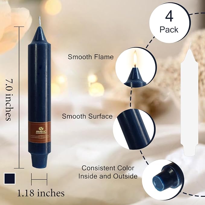 Navy Short Taper Candle 7 Inch Candlesticks Unscented Dripless Tapered Candle Set for Home Decor Wedding Party Dinner Candles, 4 Pack