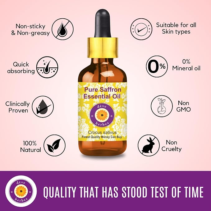 dève herbes Saffron Essential Oil (Crocus sativus) with Glass Dropper | Pure | Non-Sticky | Non-Greasy | Lightweight | Men & Women | All Skin Types | Steam Distilled 2ml (0.06 oz)