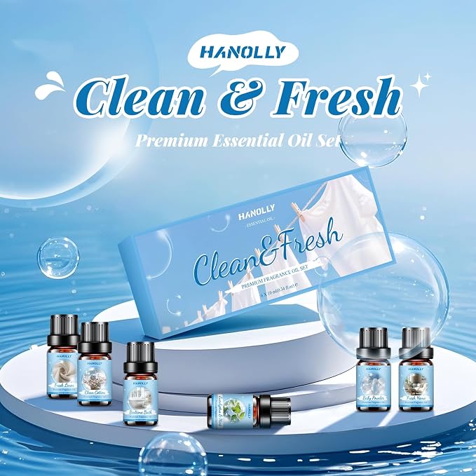 Essential Oils Set, Clean Scents Fragrance Oil Aromatherapy Essential Oils Kit for Diffuser (6x10ML) - Baby Powder, Bedtime Bath, Clean Cotton, Eucalyptus & Mint, Fresh Home, Fresh Linen Scented Oil