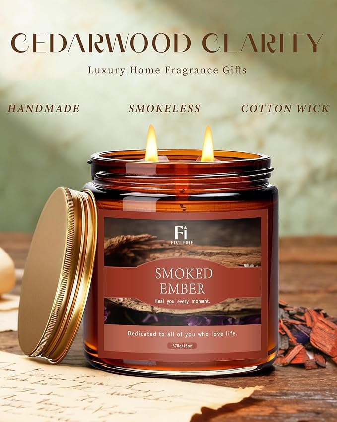 Smoked Ember Scented Candle, 13 oz Soy Wax Candle with Cotton Wick, 76-Hour Clean Burning, Non-Toxic Woodsy Scent for Relaxation & Focus, Aromatherapy Candle, Housewarming Gift