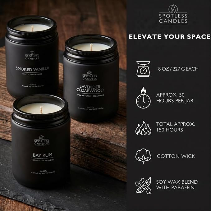 Mens Candle 3 x 8oz Pack Smoked Vanilla Bay Rum and Lavender Cedarwood Scents