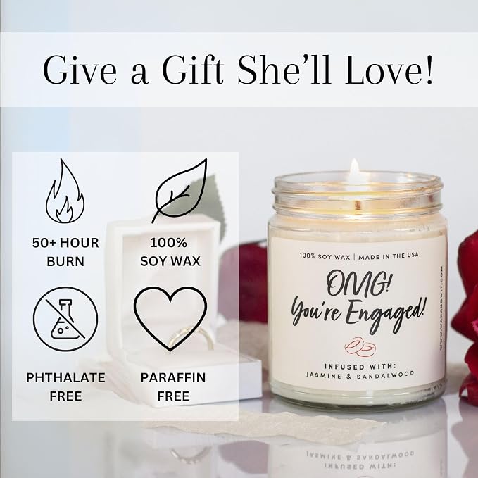 WAX & WIT Engagement Candles Gifts for Couples - Scented with Jasmine Sandalwood - Newly Engaged Couples, Bridal Shower, Bride to Be - 9oz, Soy Wax, 50 Hour Burn, Premium Candle