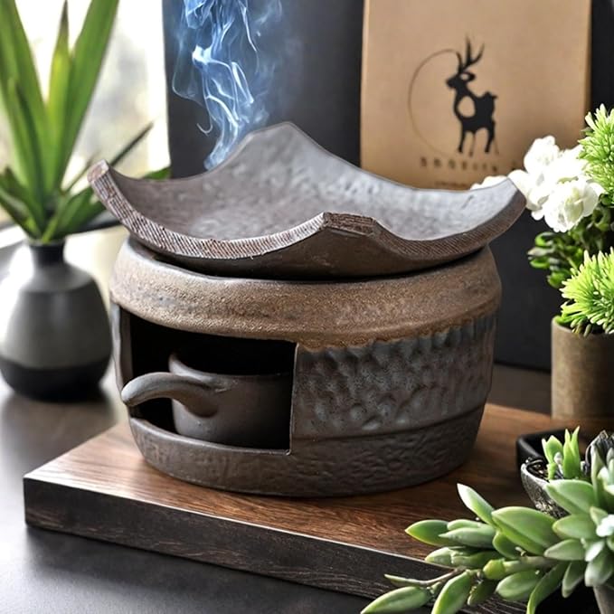 Incense Burner & Candle Warmer | Ceramic Aromatherapy Diffuser Includes Wooden Clips and Pads for Wax Melts, Dried Herbs and Palo Santo | Bedtime Calm