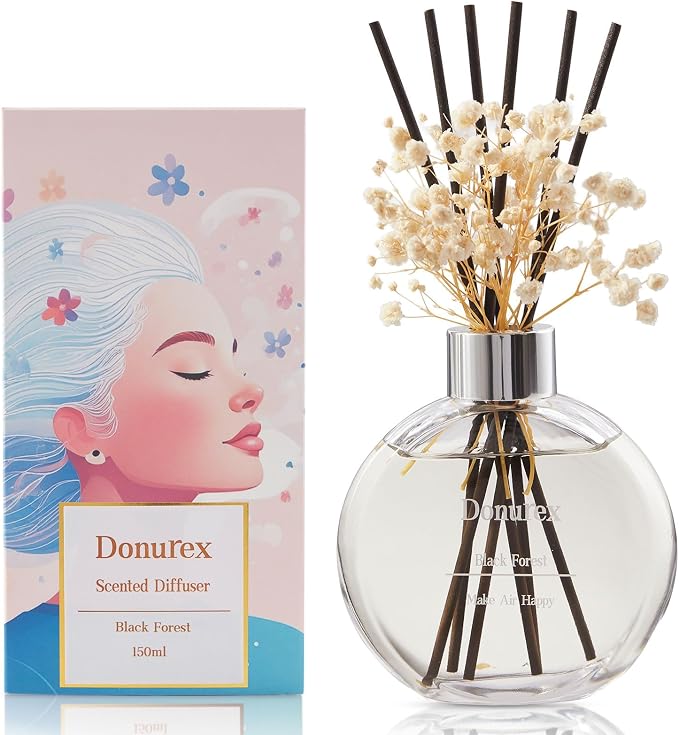 Flower Reed Diffuser Set 5.07oz Black Forest Scent Diffuser with Sticks Home Fragrance Reed Diffuser for Bathroom Shelf Decor