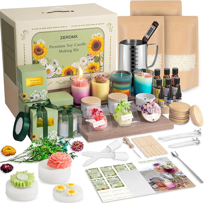 ZEROMX Candle Making Kit for Adults & Beginners - Full DIY Set with 1200g Soy Wax, Jars, Dyes, Floral Molds, Gift Packaging - Christmas Gift Idea for Holiday Gifting, Perfect Handmade Home Decor