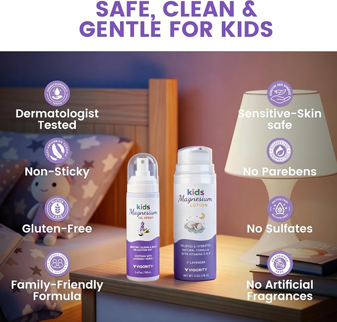Kids Magnesium Lotion & Magnesium Sleep Spray Set - Calming Lavender Magnesium Oil Spray for Kids Bedtime + Soothing Body Lotion for Nighttime Legs & Feet Comfort, Aromatherapy Lavender & Neroli