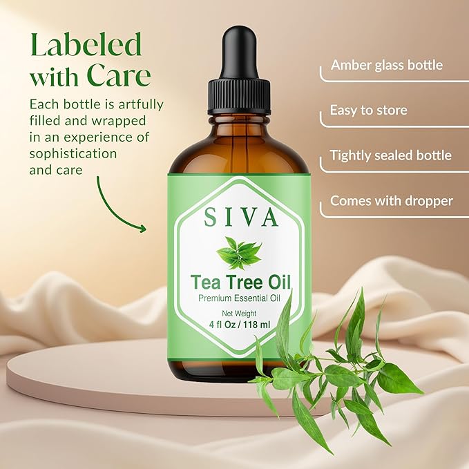 Siva Tea Tree Essential Oil 4 Fl Oz – for Diffuser, Skin & Hair Care – Ideal for Aromatherapy, Massage & DIY Blends- with Dropper
