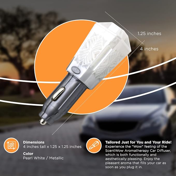 Belle Aroma ScentWow Aromatherapy - Ylang Ylang Car Diffuser for Essential Oils – Portable 12V Plug-In Mini Diffuser – Compact Travel Humidifier for Car, Truck & Small Spaces – White & Gray