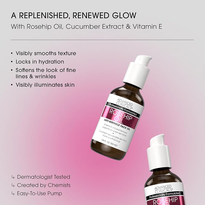 Advanced Clinicals Rosehip Oil For Face With Vitamin E + Botanicals Helps Improve Look Of Dark Spots, Wrinkles, Fine Lines, & Uneven Looking Skin Tone | Moisturizing Skin Care Face Serum, 2-Pack