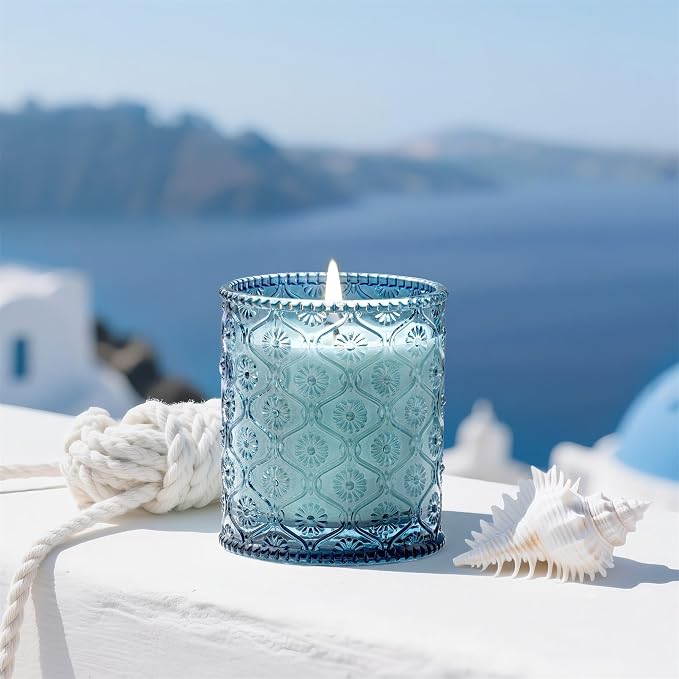 LA JOLIE MUSE Santorini Salt Air Scented Candles for Home, Soy Wax 40 Hrs | Luxury Blue Jar Candle, Natural Clean Non Toxic, Fresh Summer Ocean Candles, Relaxing Gifts for Women & Men, Bergamot & Sea