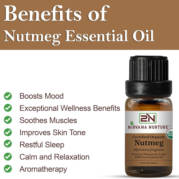 Nutmeg Essential Oil, USDA Certified Organic, 100% Pure Undiluted, Aromatherapy Oil for Diffuser, Hair & Skin Care