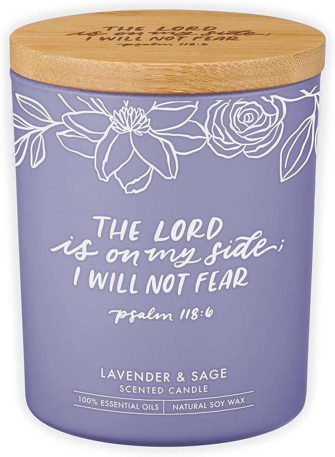Christian Art Gifts Soy Wax Scented Candle: Lavender & Sage Scent, Psalm 118:6 Bible Verse, Pure Essential Oils, 4.5 oz, Up to 20 Hours Burn Time, Glass Jar w/Bamboo Lid, Encouragement Gift for Women