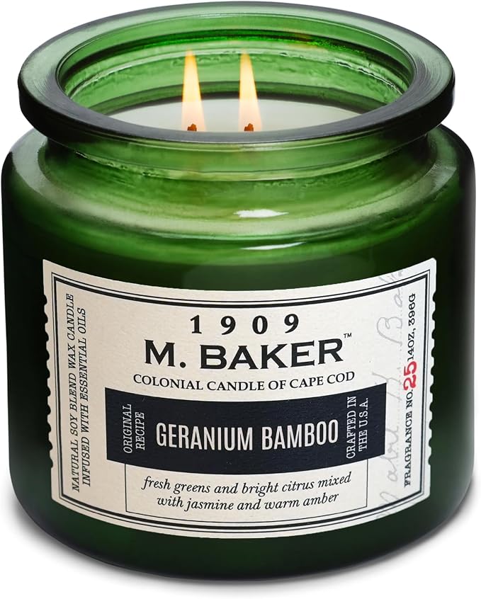 Colonial Candle Geranium Bamboo Scented Candle, 2-Wick Natural Soy Blend Wax Candle Infused with Essential Oils, 14 oz Apothecary Glass Jar Candle - Made in The USA