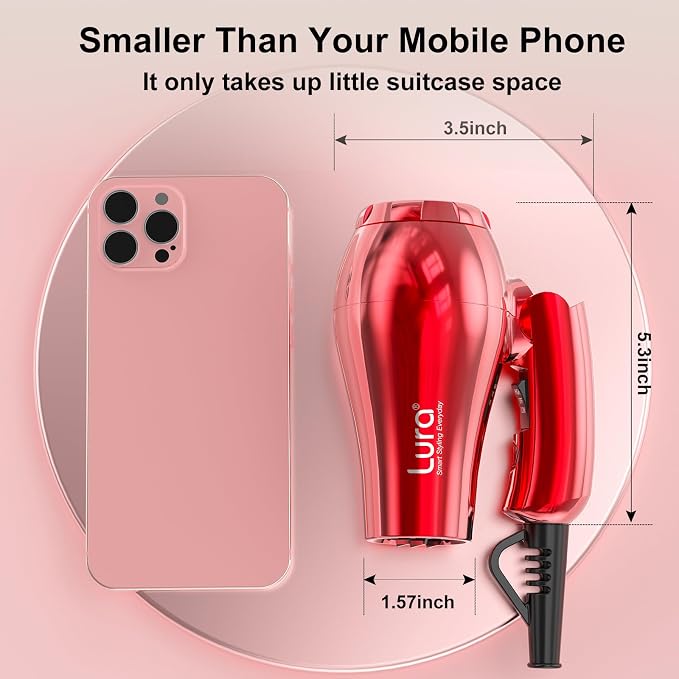LURA Auto Dual Voltage Travel Hair Dryer with Diffuser,Travel Blow Dryer Mini with EU Plug and UK Plug,Lightweight Portable Hairdryers with Folding Handle,1200W Compact Small Blowdryers for Women(Red)