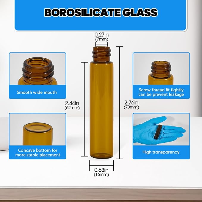 25PCS 7ml Amber Glass Vials with White Screw Caps and Plastic Stoppers, 2 Dram Leak-Proof Small Liquid Sample Bottles for Essential Oils, Perfumes, Reagents