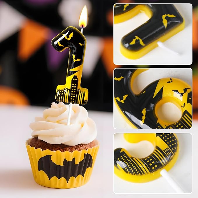 Black Yellow Number 1 Birthday Candle for Cake – Dark Night Hero Style with Bat & City Silhouette Design – Unique Cake Topper for Birthday, Anniversary, Themed Party Decoration