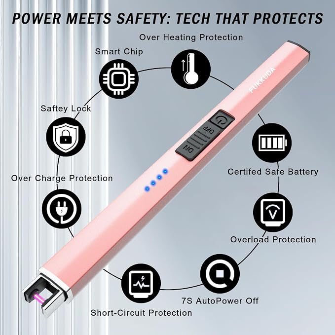 FUKKUDA Electric Candle Lighter with Safety Switch - USB Rechargeable Windproof & Flameless Plasma Arc Lighter for Easter Basket Stuffers (Rose Gold)
