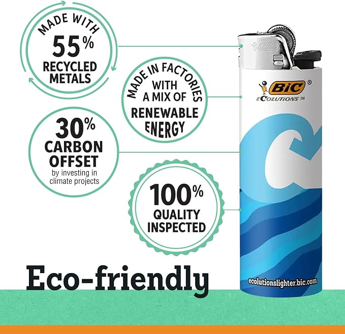 BIC Ecolutions Maxi Pocket Lighter, 6-Pack of Ecofriendly Candle Lighters, 100% Recycled Packaging and 55% Recycled Metal, 30% Carbon Offset