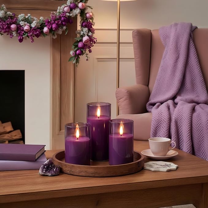 Homemory Purple Glass Flameless Candles, Battery Operated LED Pillar Candles with Remote Control and Timer, Radiance Candles, Real Wax, Set of 3,D3 xH4 5" 6"