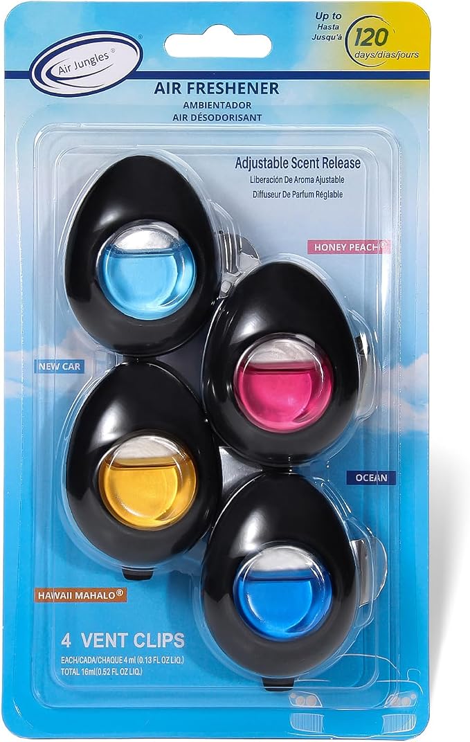 Air Jungles Car Air Freshener Vent Clip 4 Count, Variety Scent for Men and Women, Natural Fragrance with Essential Oil, Long-Lasting Car Odor Eliminator, Up to 120 Days