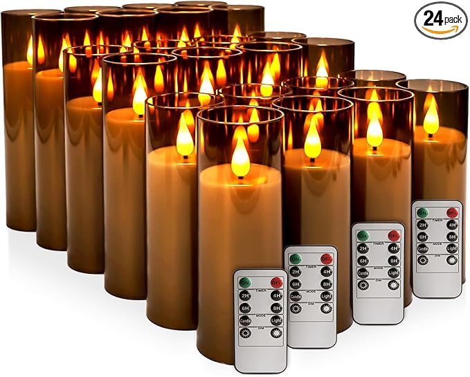 YOROXRG Halloween Decoration Flickering Flameless Candles Battery Operated Timer Led Pillar Candles with Realistic Moving Wick Candles for Home Decor 24 Pack (D2.2 xH 5" 6" 7")(Grey)