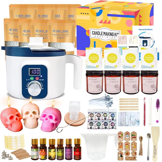 Handnatur Complete Candle Making Kit for Adults with Digital Wax Melting Pot, DIY Soy Wax Melt Set with Skull Head Mold to Make Your Own Candles Kit