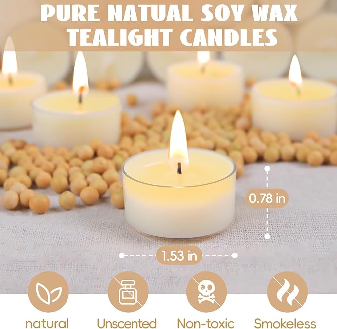 Soy Tealight Candles 120 Pack, 6 Hours Long Burning Tealights Candles Bulk, Natural Soy Wax Tea Light Candle Paraffin-Free, Unscented Small Tea Candle for Emergency,Dinner