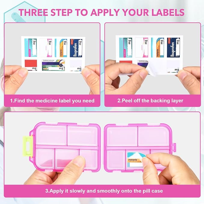 Travel Pill Box with 189 Medicine Labels, 10 Compartments Travel Medicine Organizer Medicine Pill Organizer Mini Travel Essentials Pill Organizer with Stickers (Pink, 1 Pack)