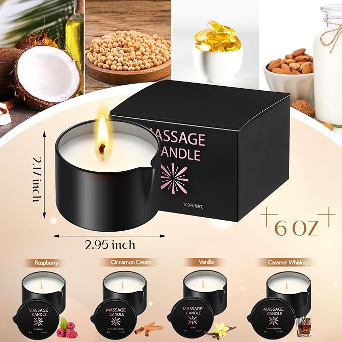 Nuanchu 4 Pcs 6 oz Massage Oil Candle, Ignite Low Temp Scented Body Oil Candles for Massage Therapy Soy Based Christmas Home Gift Spa Use 4 Scent