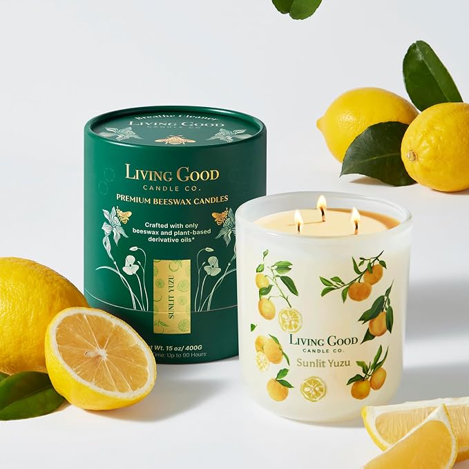 Sunlit Yuzu Pure Beeswax Candle – Bright Summer Citrus, Lemon & Grapefruit Essential Oils, Non-Toxic Clean Burn, 90+ Hour Burn Time, Uplifting Aromatherapy Gift for Women & Men