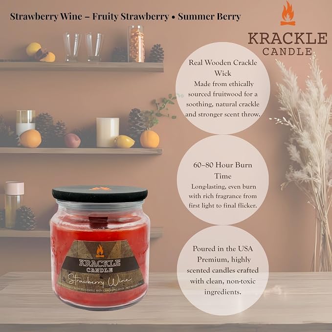 Krackle Candle | Strawberry Wine | 16 oz Scented Candle with Natural Crackling Wooden Wick | Poured in the USA | Fruity Strawberry & Summer Berry Fragrance