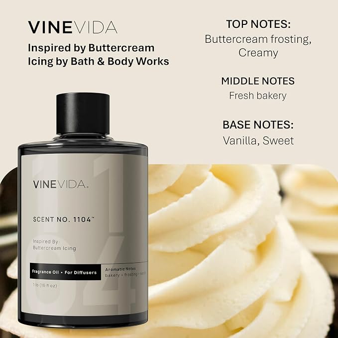 VINEVIDA [16 Fl Oz] Scent NO. 1104 Fragrance Oil For Cold Air Diffusers, Aromatic Notes of Buttercream frosting, creamy & Fresh bakery Essential Oils for Diffuser Oil Refill & Air Freshener Room Spray