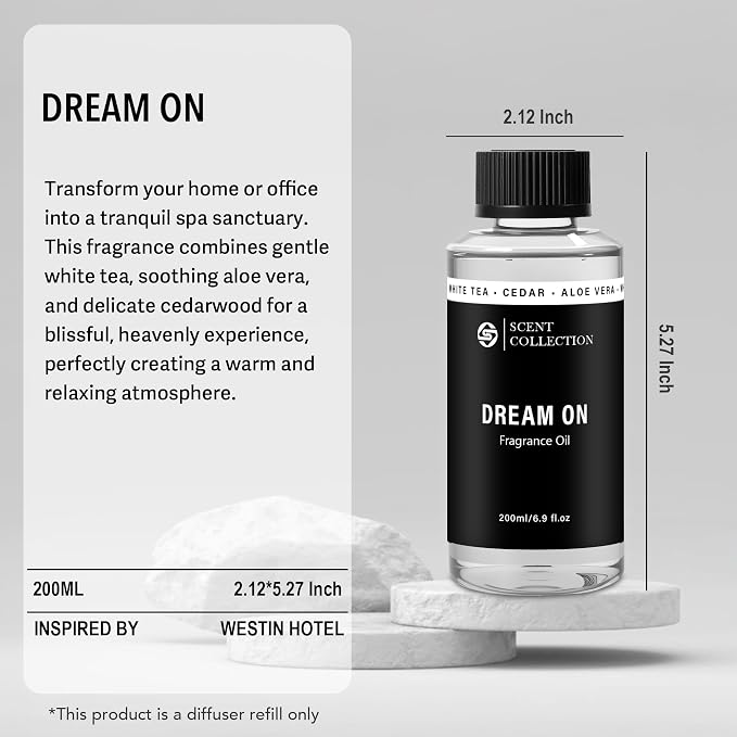 Luxury Hotel Scent Dream On 200ml Diffuser Oil Waterless Essential Aromatherapy for Cold Air & Car Diffusers – Long Lasting Refill for Large Room & Home - Signature White Tea (200ml/6.76Fl oz)