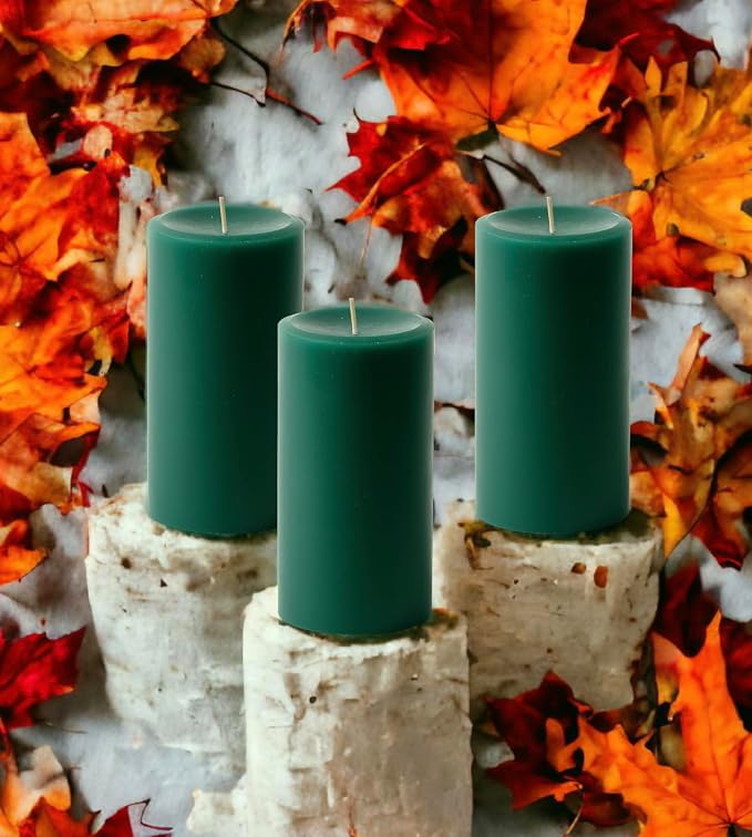 Mister Candle Dripless Unscented Pillar Candles, Set of 3 Hand Poured Hunter Green Pillar Candles, Solid Color Non-Scented Candles for Home Decor, Premium Wax, 80 Hr Burn Time, 3x6 Inch