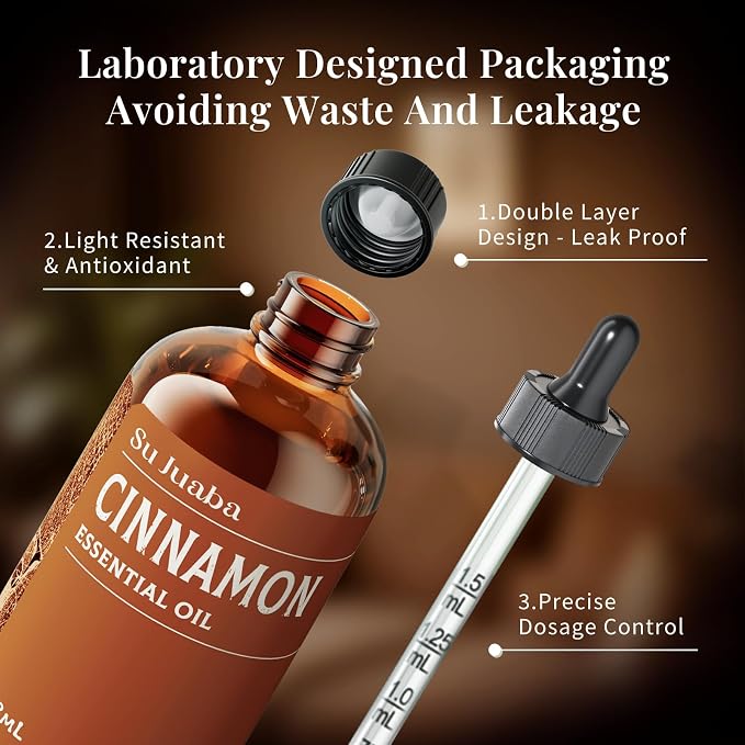 SU JUABA Cinnamon Essential Oil 4 Oz for Diffuser, Massage, Skin Care, Aromatherapy, DIY Candles, Soaps & Home Cleaning - 118ML