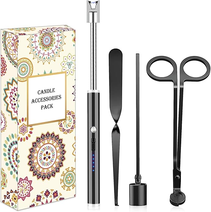 4 in1 Candle Accessory Set - Wick Trimmer, Candle Snuffer, Wick Dipper, Candle Lighters-Stainless Steel Care Kit for Candle Lover