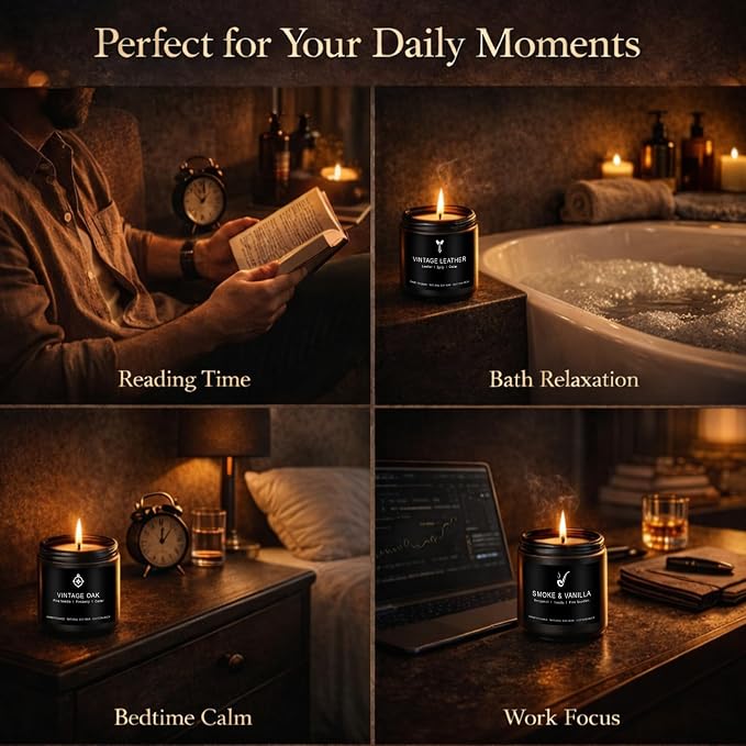 Candles for Men Gift Set, 4 Pack Masculine Scented Soy Candles for Men, Leather, Smoke, Oak & Lavender Scents, Aromatherapy Candle Gift Set for Dad, Husband, Boyfriend, Birthday, Him