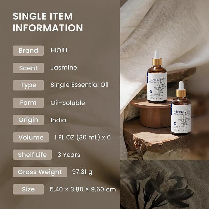 HIQILI Jasmine Essential Oil Set - 1 fl oz (6 Pack), Bulk Wholesale for Business, Skincare & Diffusing & DIY, for Spa & Sauna, Hotels & Homestays, Beauty Salons, Gift & Home Use