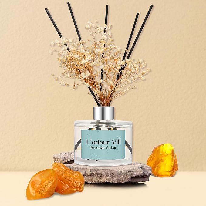 L'odeur Vill Reed Diffuser Set, 6.7 oz(200ml) Moroccan Amber Scented Diffuser with 6 Oil Diffuser Sticks, Home Fragrance Essential Oil Reed Diffuser for Home Large Rooms Bathroom Shelf Decor