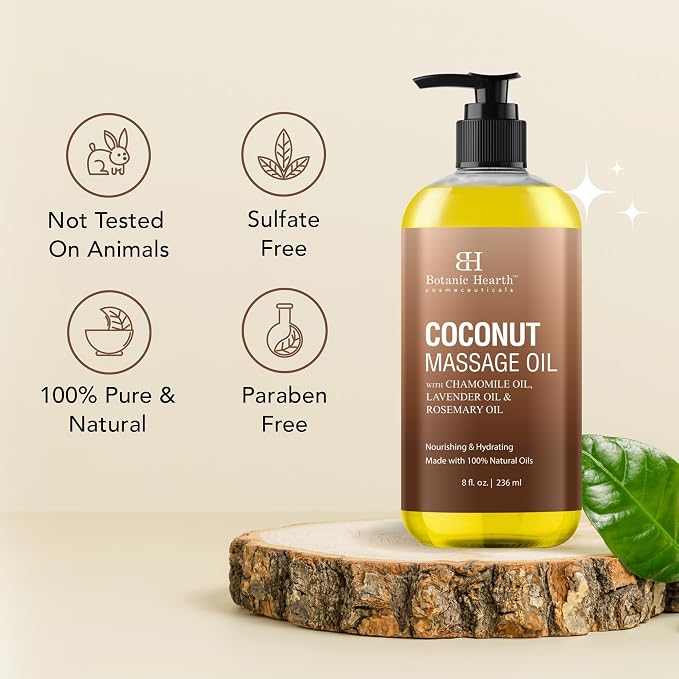 Botanic Hearth Coconut Massage Oil 8 Fl oz | Refreshing, Relaxing Massage Oils for Muscle Relaxing & Joint Comfort | Made with Natural Oils | for All Skin Types, for Men & Women