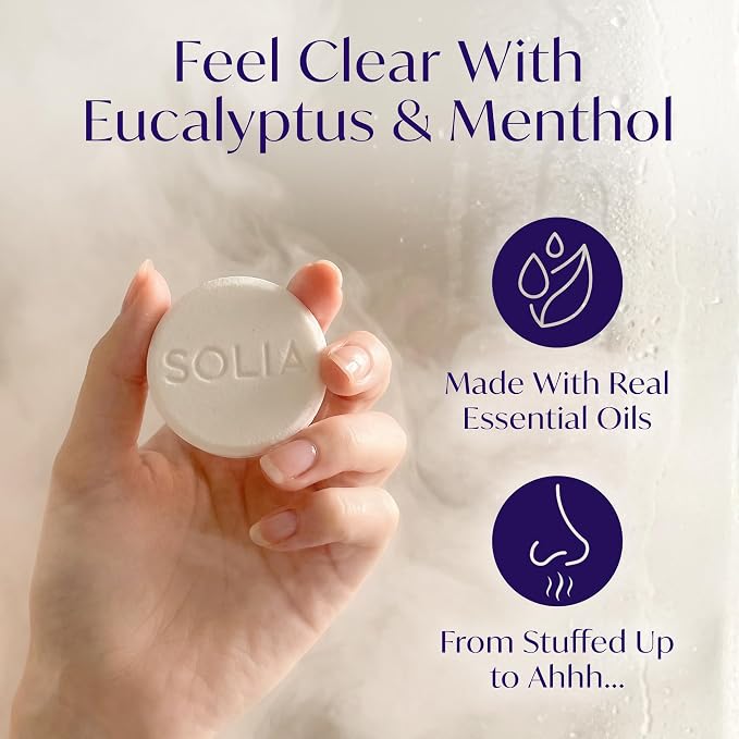 Solia Congestion Eucalyptus & Menthol Natural Shower Steamers - Patent-Pending - Real Essential Oil Menthol Tablets, Spa Steamers Aromatherapy, 7-Pack